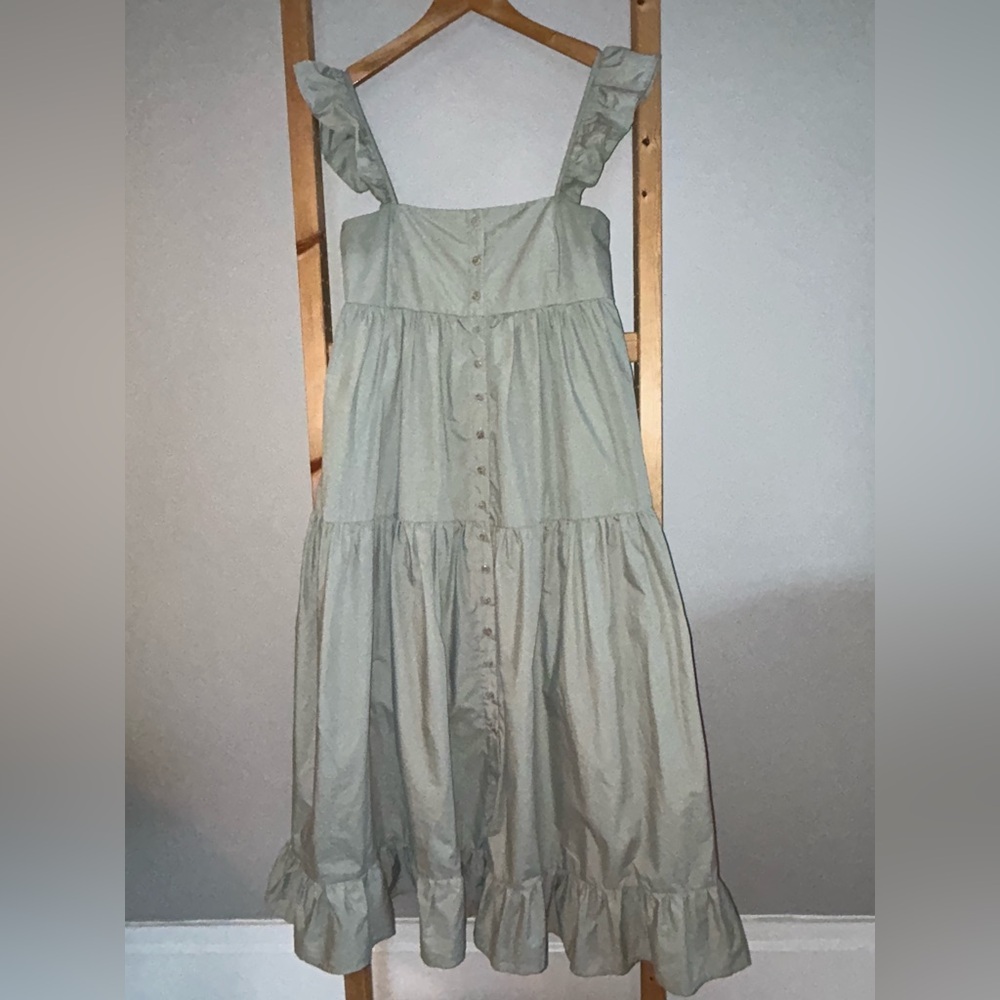 En Saison Sage Green Button Front Sun Dress Flounces Butterfly Shoulders Size S